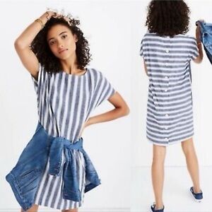 Madewell XS Striped Linen Cotton Button Back Shift Dress Blue White Coastal